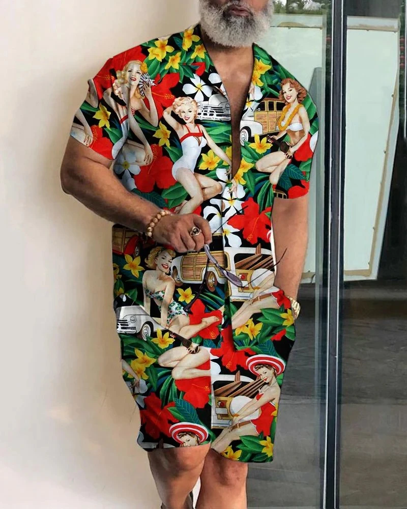 New Fashion Summer Shirt Men's Butterfly Printed Suit Casual Short-sleeved Shirt Shorts Two-piece Hawaii Beach Men's Set
