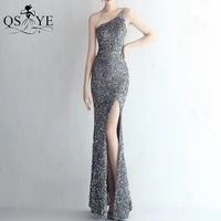 one shoulder grey evening dresses mermaid sequin prom gown glitter lace long formal party open split women fashion prom dress