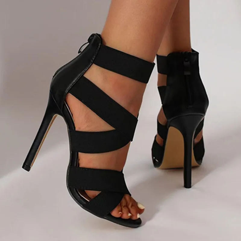 2022 Summer Hot Sale Women's High Heels Casual Plus Size Sandals Fashion Elegant Bandage Patchwork Black High Heels Sandals