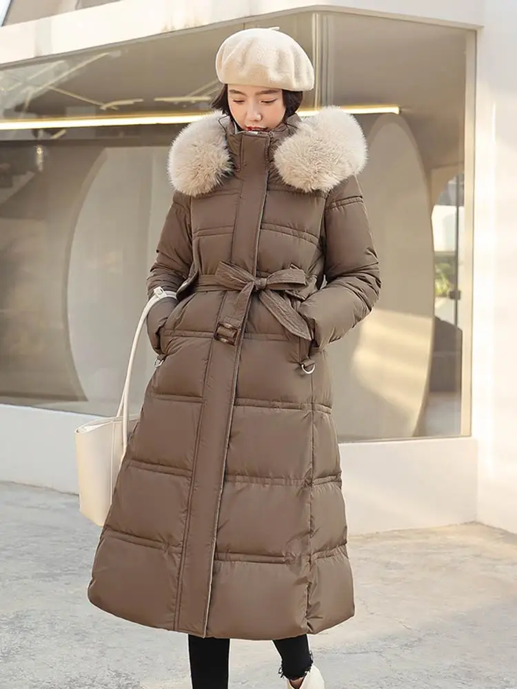 Vielleicht 2022 New Winter Women Puffer Down Jacket Parkas Women Clothes Long Slim Fur Hooded Solid Warm Coats Female Outwear