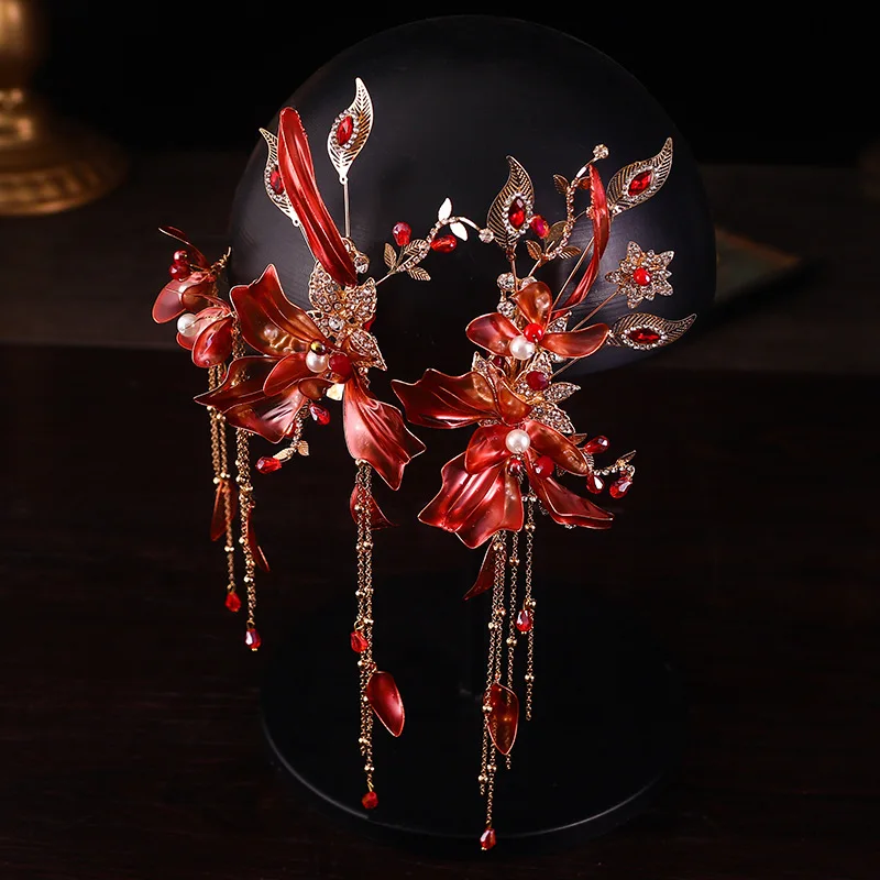 

Bridal Headwear Red Liquid Flower Hair Clip Earrings Set Wedding Hair Accessories