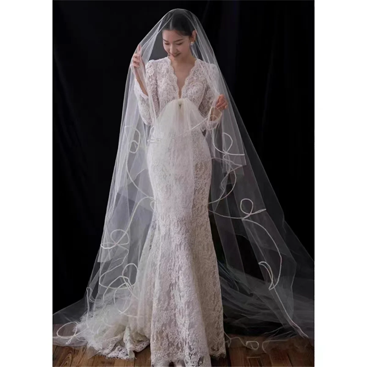 

Wedding Dress Simple White Lace Cutout Tulle V-neck Long Sleeves To Floor Bare Back 2023 Robe De Mariée Свадебное Платье