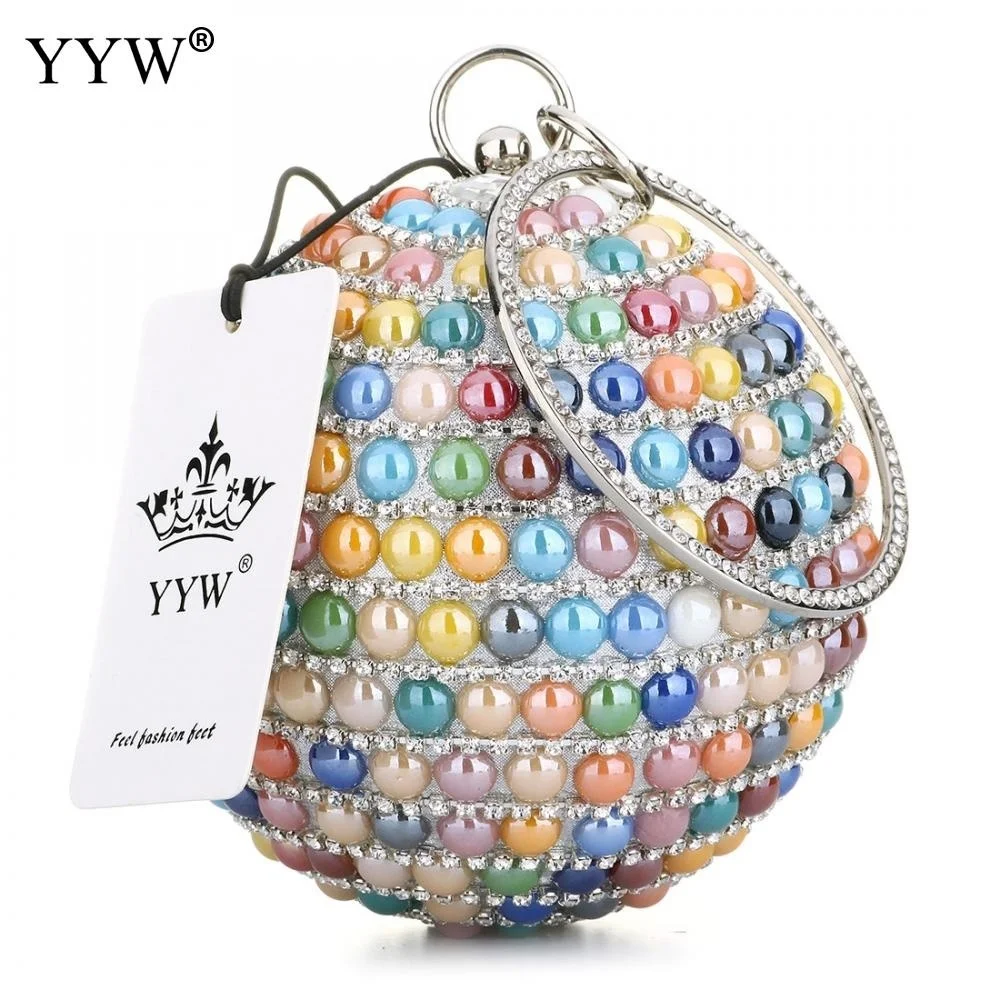 

Round Tiny Glass Beaded Evening Clutch Wedding Multi-Color Clutches Female 2023 Wedding Metallic Handbag Rhinestone Shoulder Bag