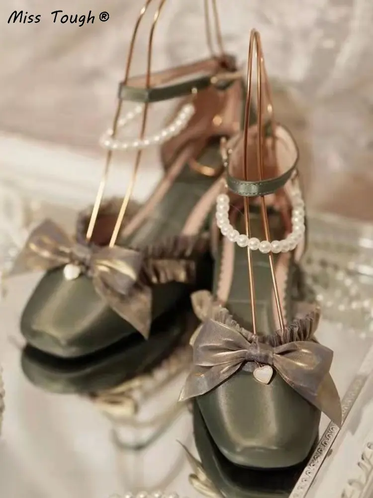 

Женские босоножки с бантом, однотонные элегантные босоножки Мэри Джейн, дизайнерская повседневная обувь с пряжкой из бисера, Новинка осени ...