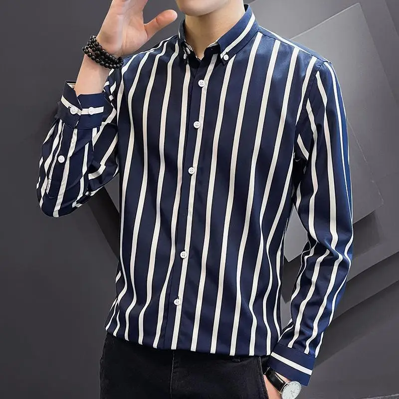 Comfortable All-match Trend Slim Single Breasted Turn-down Collar Smart Casual Shirts Fashion Striped Business Men's Clothing