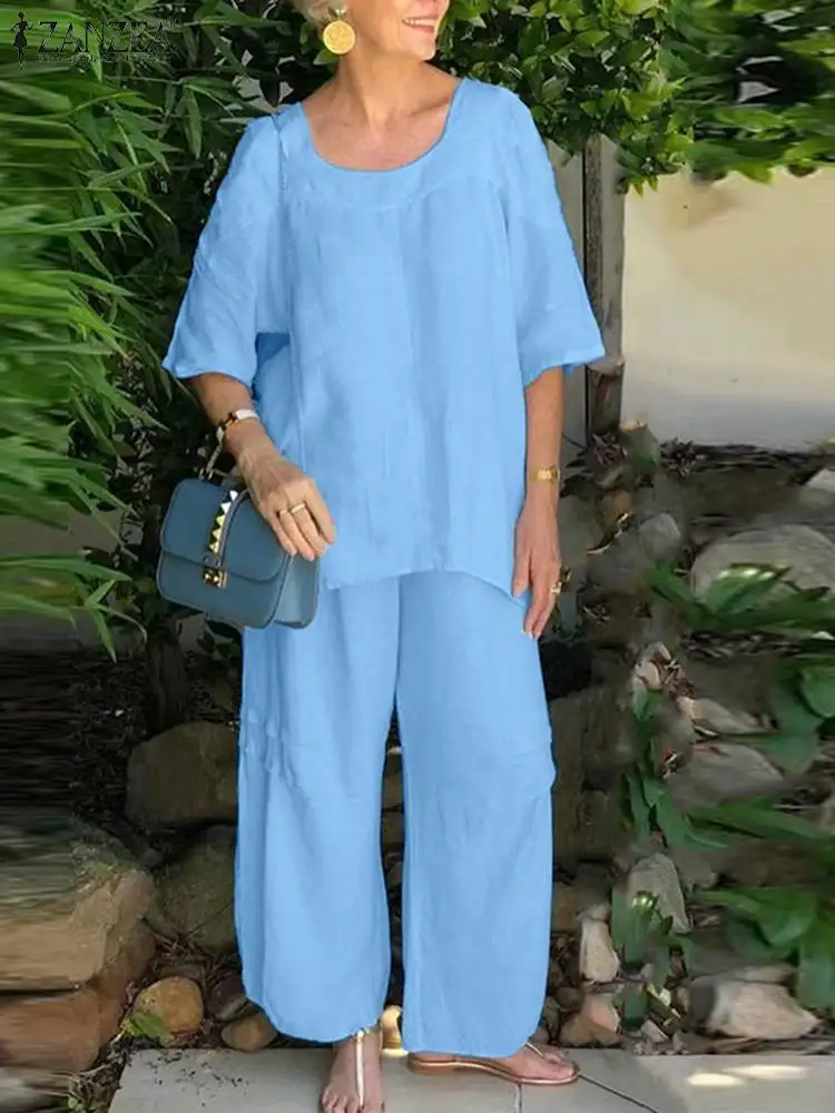 

ZANZEA Casual Wide Leg Pant Tracksuits Loose Pant Sets Women Square Neck Half Sleeve Tops 2pcs Outfits 2023 Summer Blue Sets