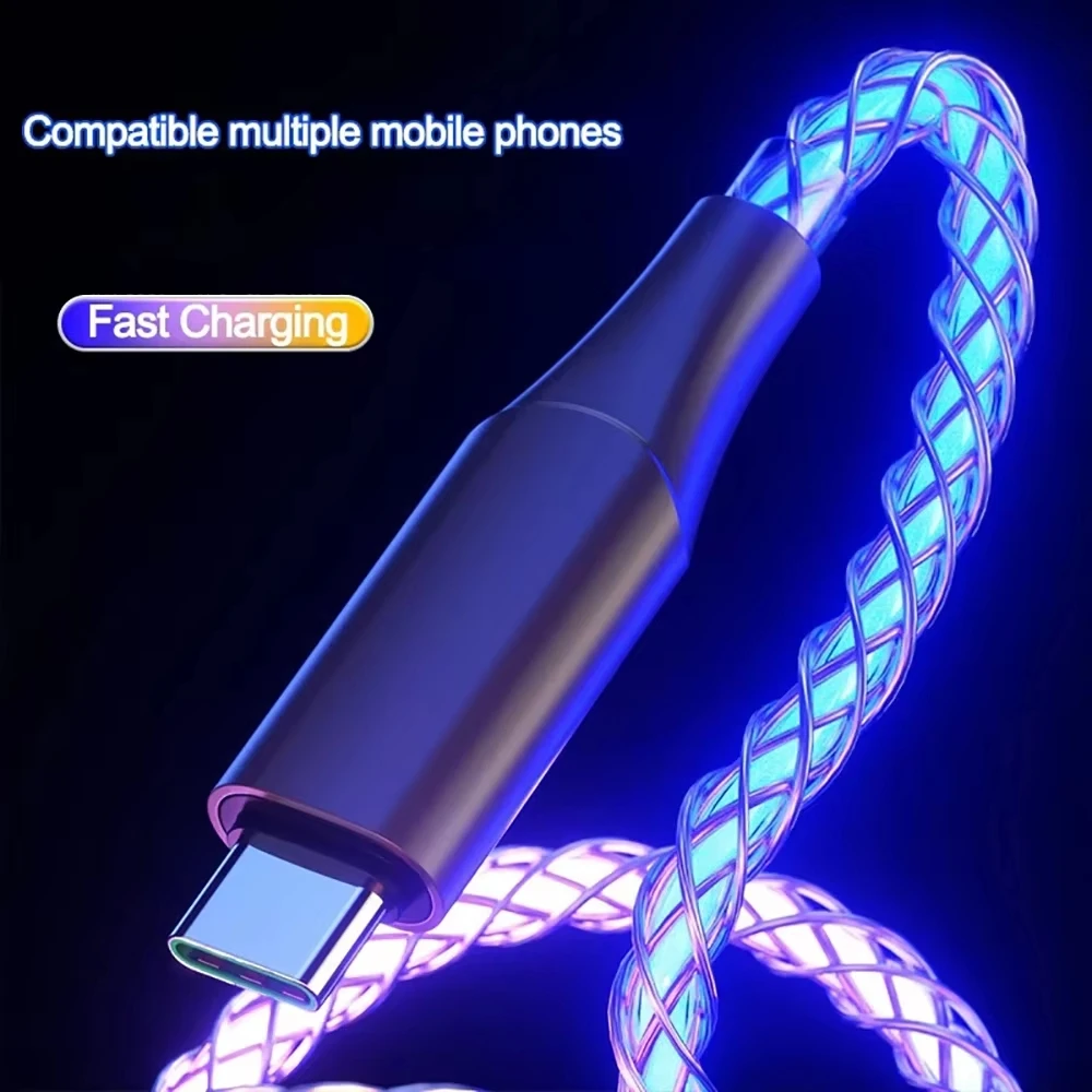 Фото Кабель USB-C для быстрой зарядки 6A 66W с RGB-подсветкой и градиентным эффектом, двойной Type-C, для быстрой зарядки и передачи данных №5