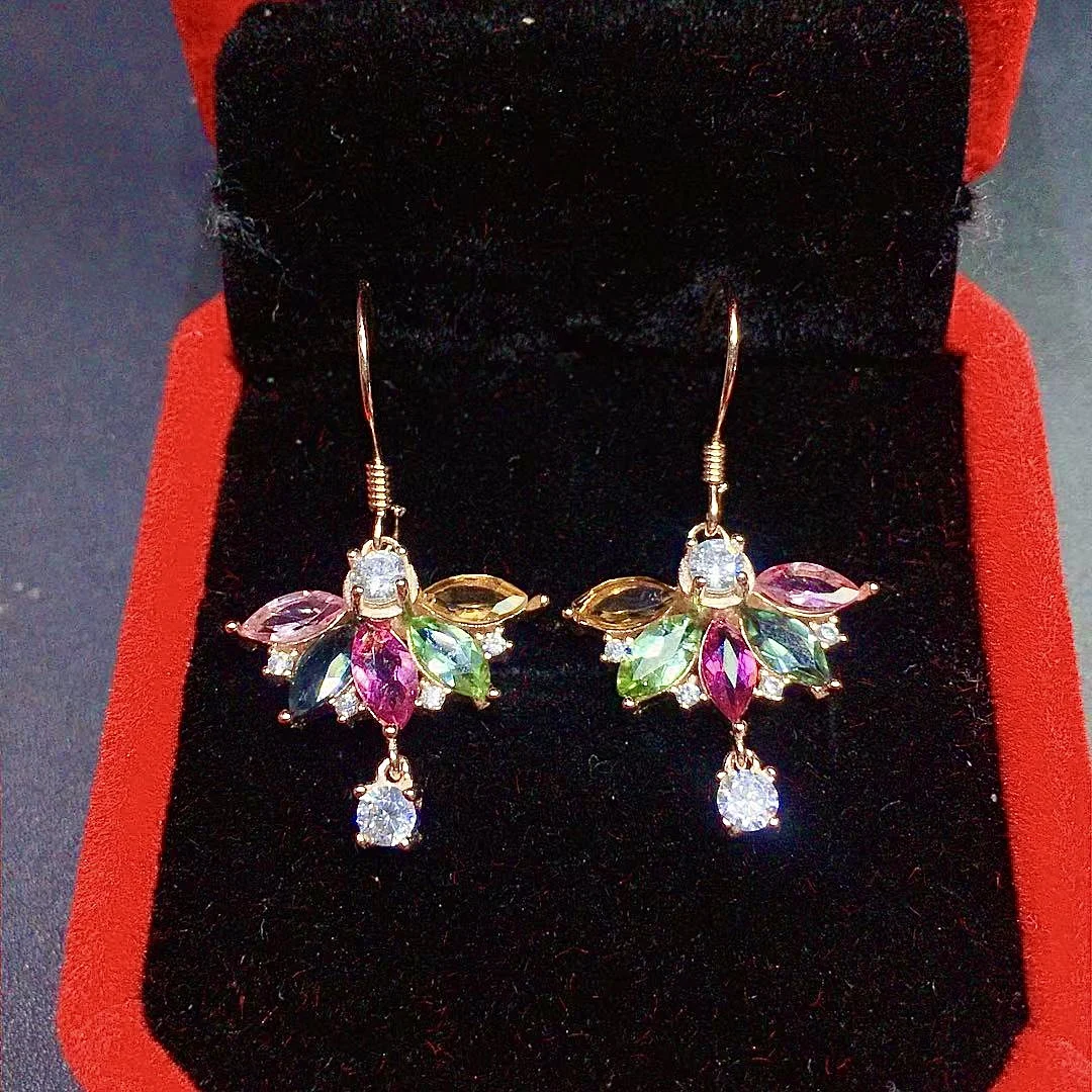 Разноцветные турмалиновые серьги-подвески для свадьбы 3 мм * 6 всего 925 карата