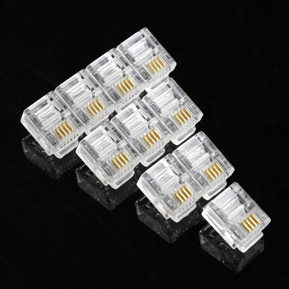 100Pcs 4 Pin RJ11 RJ-11 6P4C Modular Telephone Phone Crystal Head Plug 6P4 Core Gold Plated Brand Network Connector - купить по