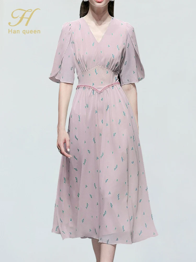 

H Han Queen Summer 2022 New Chiffon Print Dress Fashion Women Elegant Vintage V Neck Petal Sleeve A Line Casual Simple Dresses