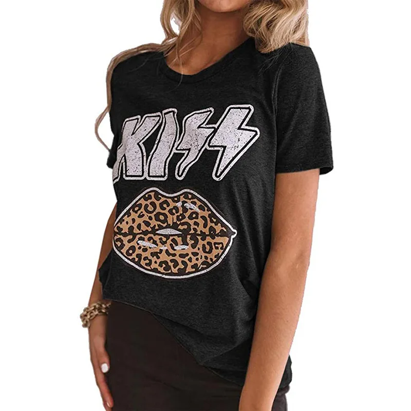 

Women Short Sleeve O Neck Loose Plus Size Tops Fashion Leopard Lips Tshirts 2021 Spring Summer Y2k Indie Street Tees Kiss Letter