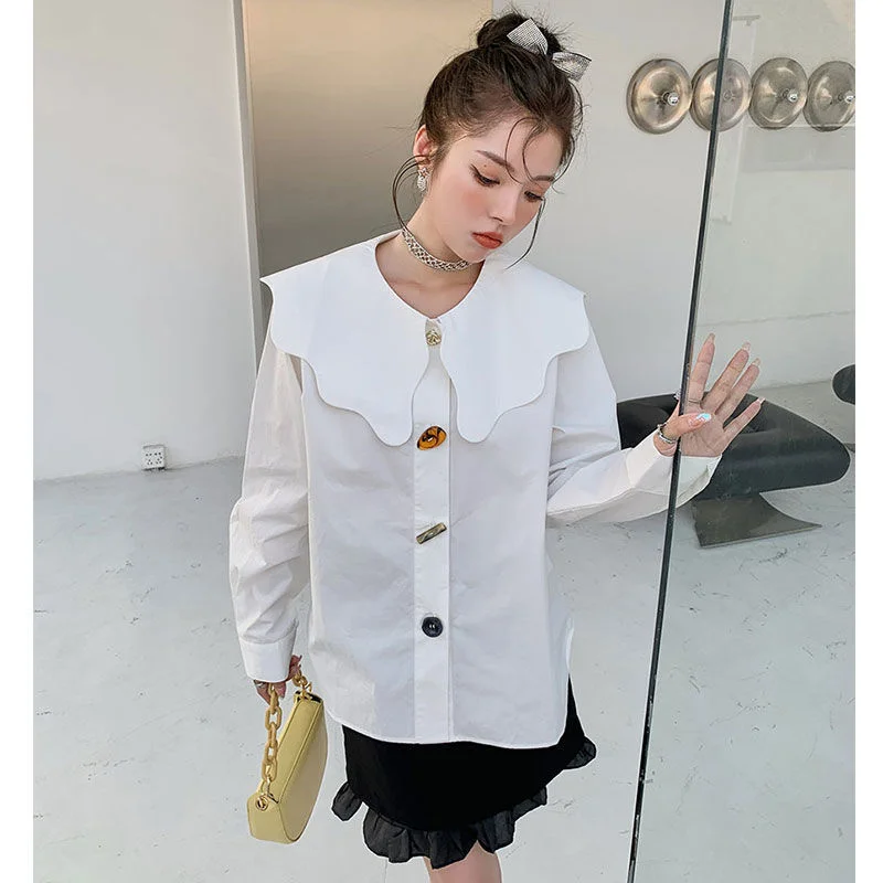 

Big Lace Collar Lapel Funny Button Up Shirt White Spring Long Sleeve Loose Women Blouse