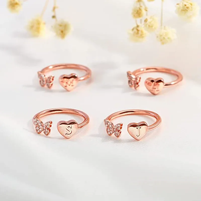 

26 Letter A-Z Initial Open Ring for Women Butterfly Heart Alphabet Jewelry Couple Rose Gold Color Party Wedding Birthday Gift