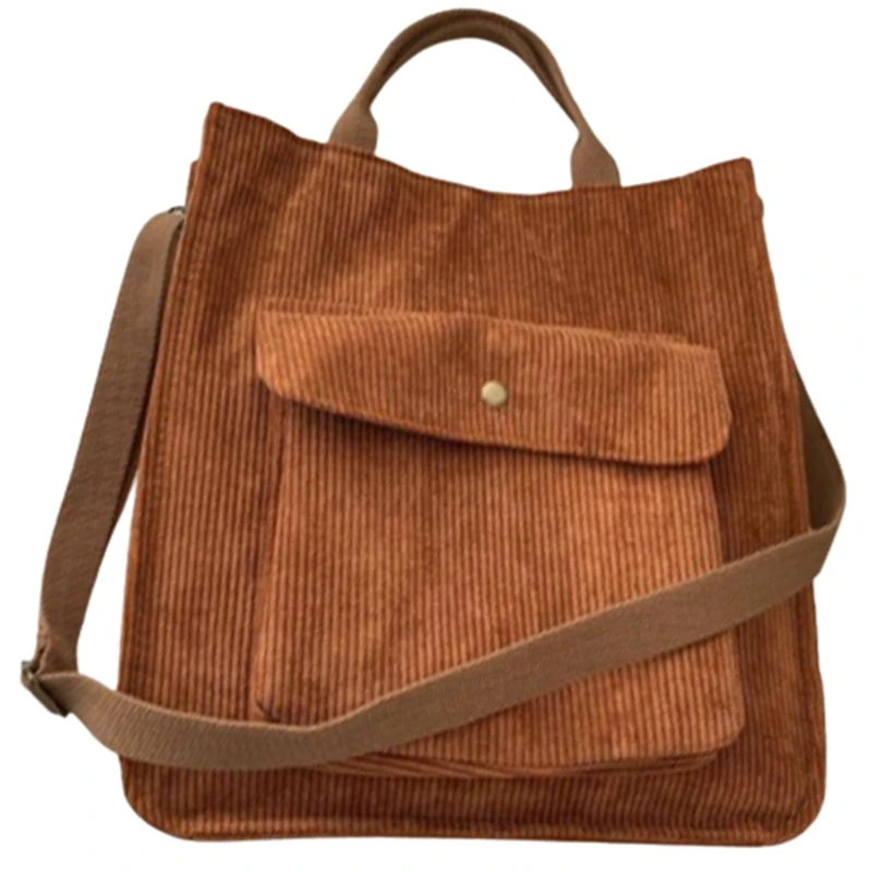 

Corduroy Shoulder Bag Women Vintage Shopping Bags Girls Student Bookbag Handbags Casual Tote with Outside Pocket