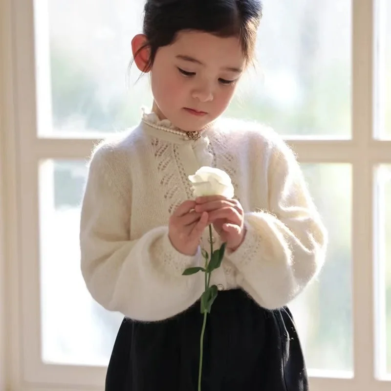 

Girl Noble Alpaca Knitted Cardigan Children Autumn and Winter New French Princess Long -sleeved Sweater Baby Cashmere Top