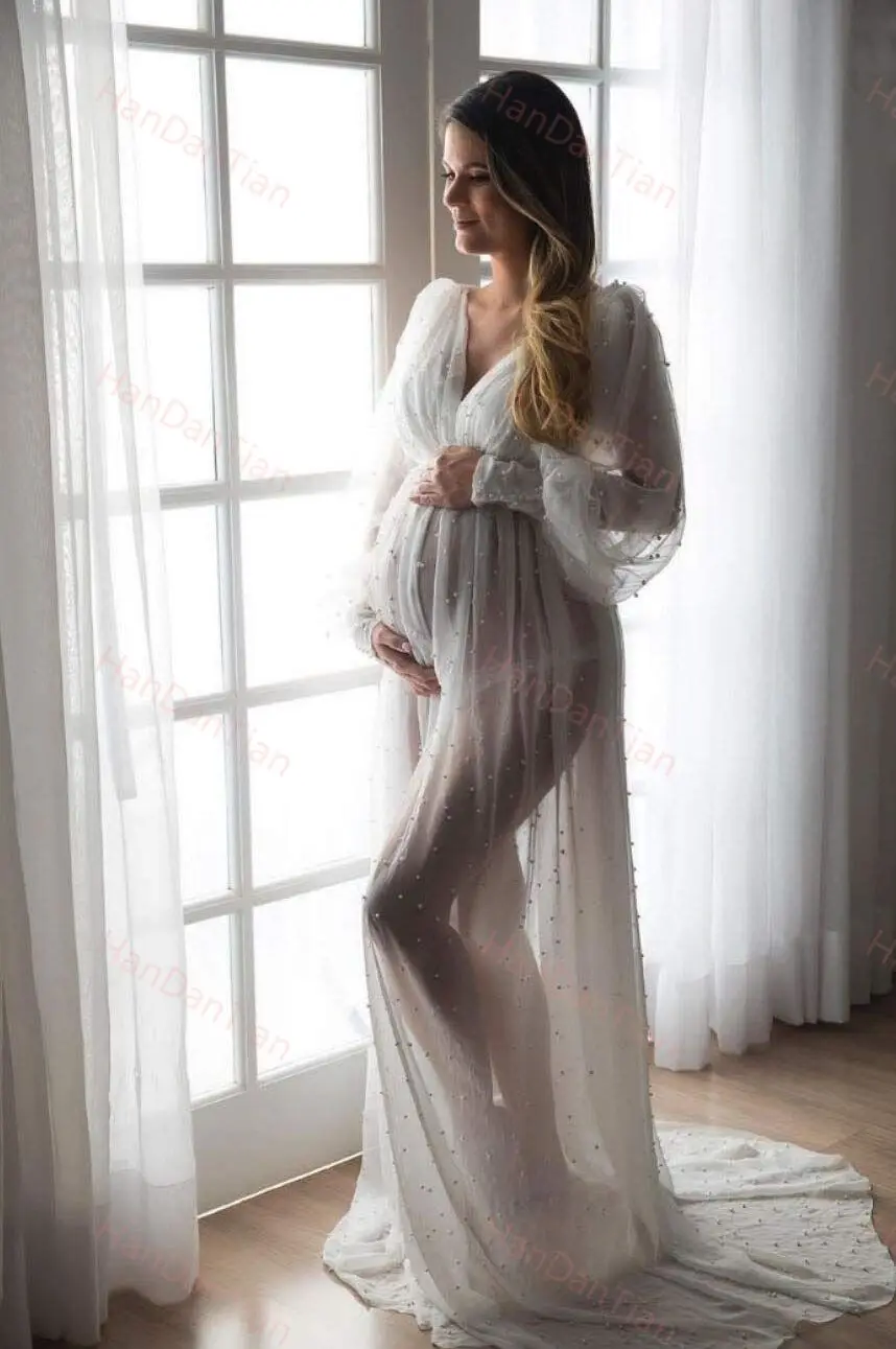 Women's Maternity Photo Shoot V-Neck Long Sleeves Pregnant Photography Props Long Maxi Dress
