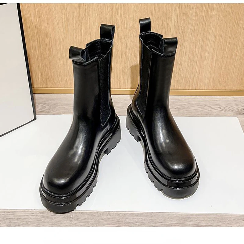 

2022 New Fashion Arrival Women Mixed Color Cow Leather Ankle Boots Slip on Thick Heels Round Toe Autumn Winter Shoes Handmade