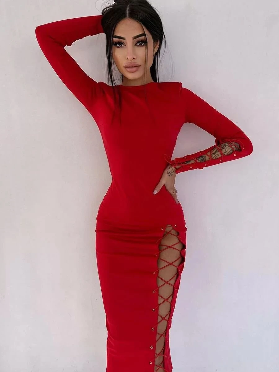 

Women's O-neck Long Sleeve Bandage Short Dress Streetwear Y2K 2022 Sexy High Slit Tunics Bodycon Midi Evening Party Dresses Red