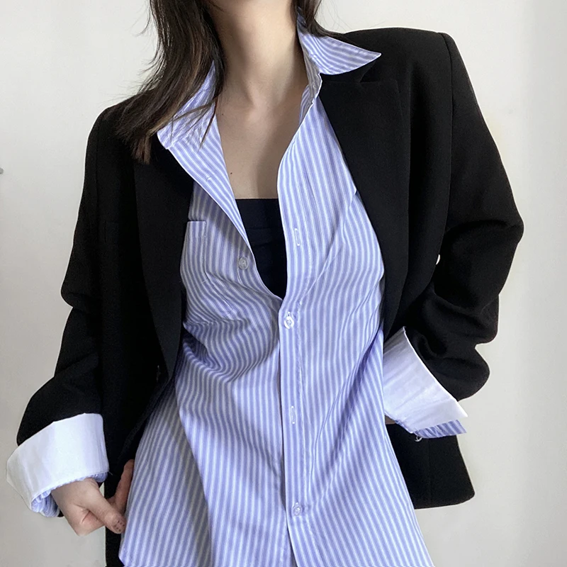 

Sunny y.j. Блузка-рубашка в минималистичном стиле, повседневная, оверсайз, Корейская, винтажная, на пуговицах, шикарная, синяя, 90-х