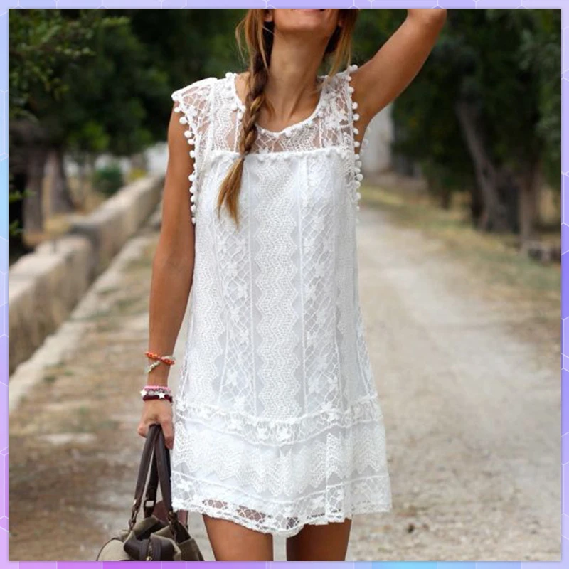 

Белое Кружевное Элегантное Платье без рукавов для женщин, летнее богвечерние ное праздничное пляжное Платье, сказочное мини-Платье, Vestidos ра...
