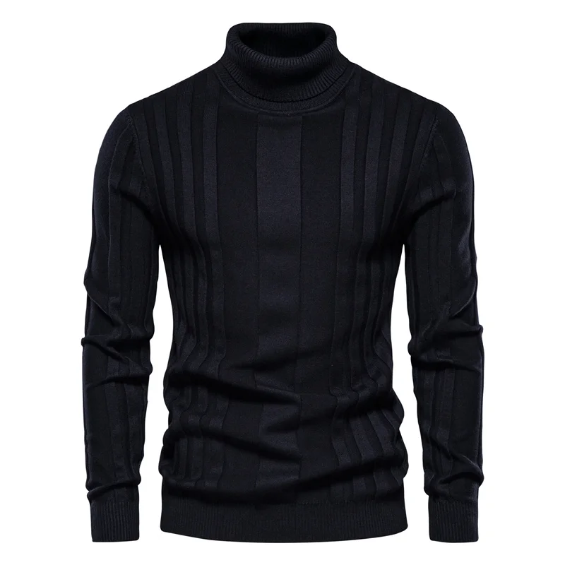 2023 Slim Fit Pullovers Turtleneck Men Casual Basic Solid Color Warm Striped Sweater Mens New Winter Fashion Sweaters Male