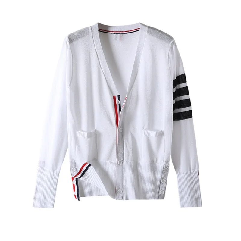

Thin Summer Knit Sweater Women Fashion Loose V-Neck Long Sleeve Stripe Ice Silk Knitting Cardigan Tops 3 Color Sweaters Female