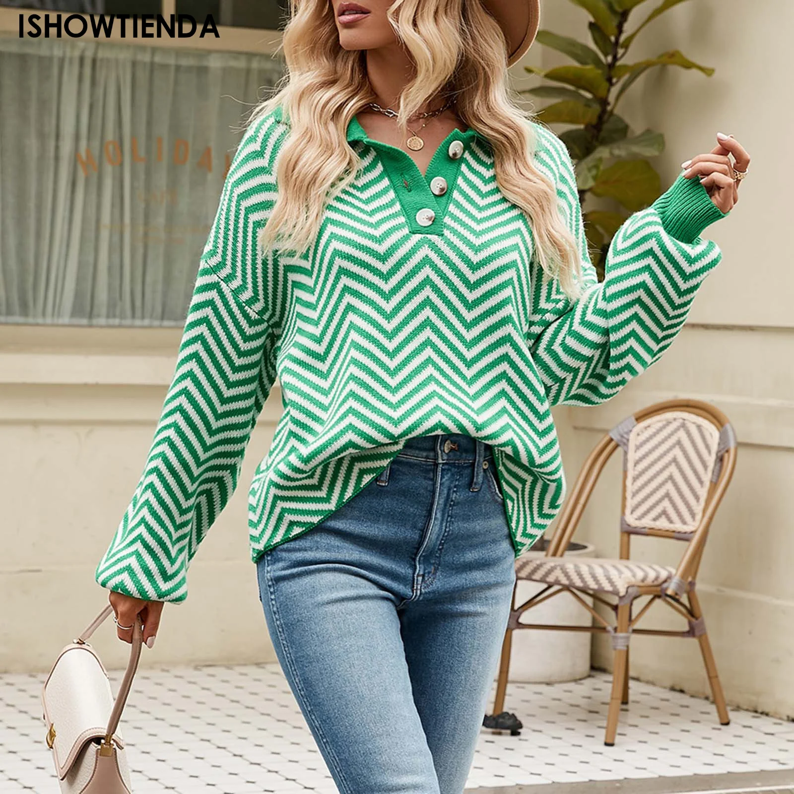 

Модные свитера с лацканами, универсальная трикотажная Женская одежда в полоску, новинка осень 2023, Свободные повседневные Пуловеры на пуговицах, Женские топы для офиса