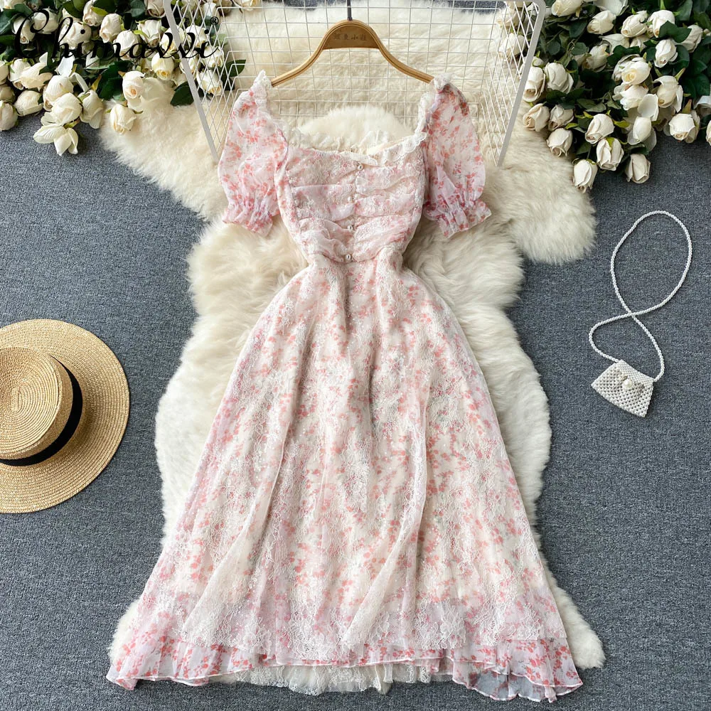 

French Style Casual and Sweet Dress 2022 Summer New Temperament Square Collar Floral Slim-Fitting Mid-Length Fairy Dresses