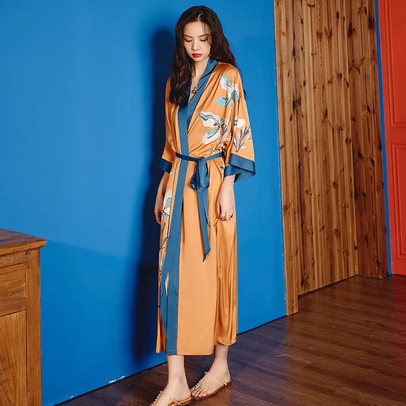 Атласное шелковое платье для сна ночная рубашка женская одежда кимоно халат с