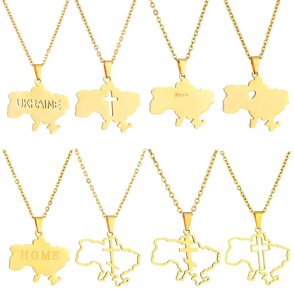 

Fashion Gold Plated Outline Ukraine Map Necklace For Women Girls Stainless Steel Heart Flag Ukrainian Pendants Necklace Jewelry