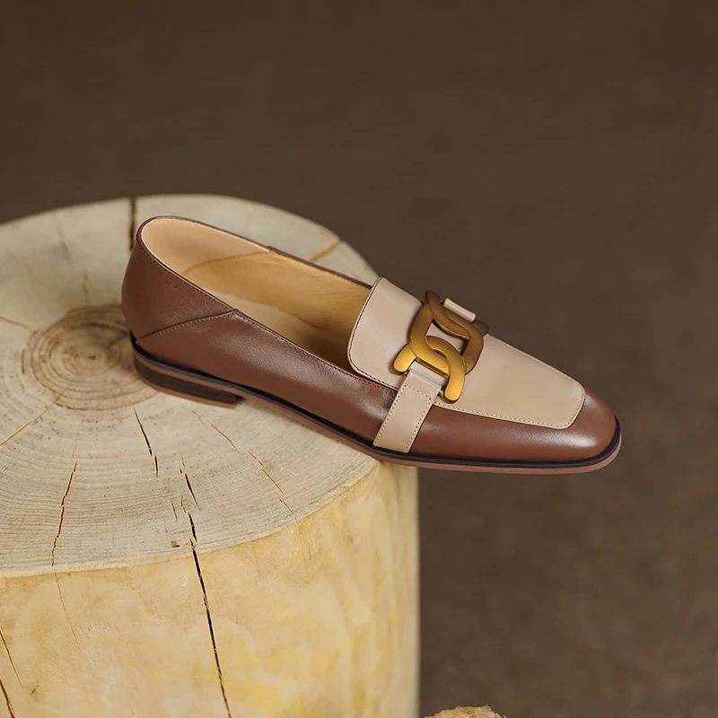 

NEW Fall Women Shoes Round Toe Low Heel Loafers Genuine Leather Shoes Women Metal Decor Slip-on Pumps Mixed Colors Female Shoes