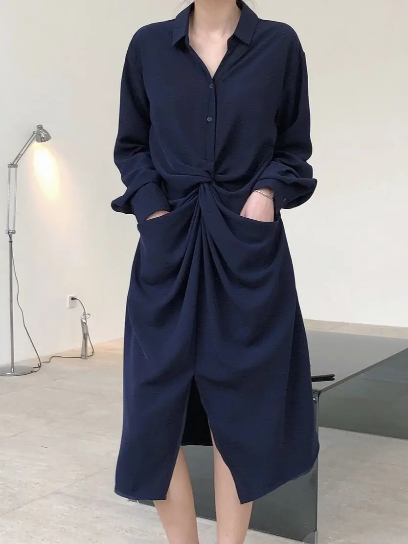

Fashion Korean Shirt Collar Dress For Women Autumn Dress 2020 Lapel Split Sexy Long Maxi Brown/Navy Dress Vestidos