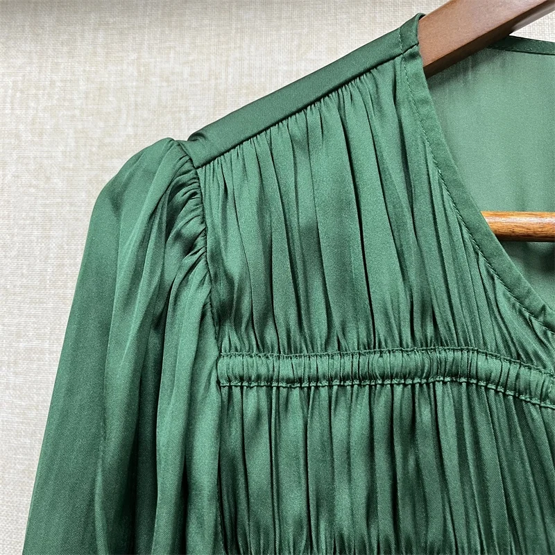 

Women Drawstring Lace Up O-Neck Lantern Sleeve Elastic Waist Pleated Vintage Mini Dress