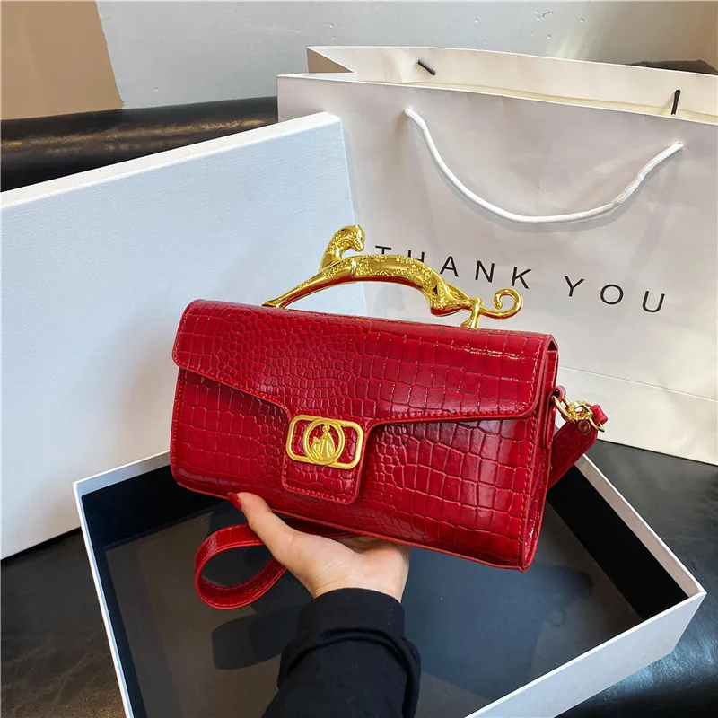 

Luxury Quality Handbags For Women Patent Leather Crocodile Stone Pattern Ladies Shoulder Cross Body Bags Metal Handle Females