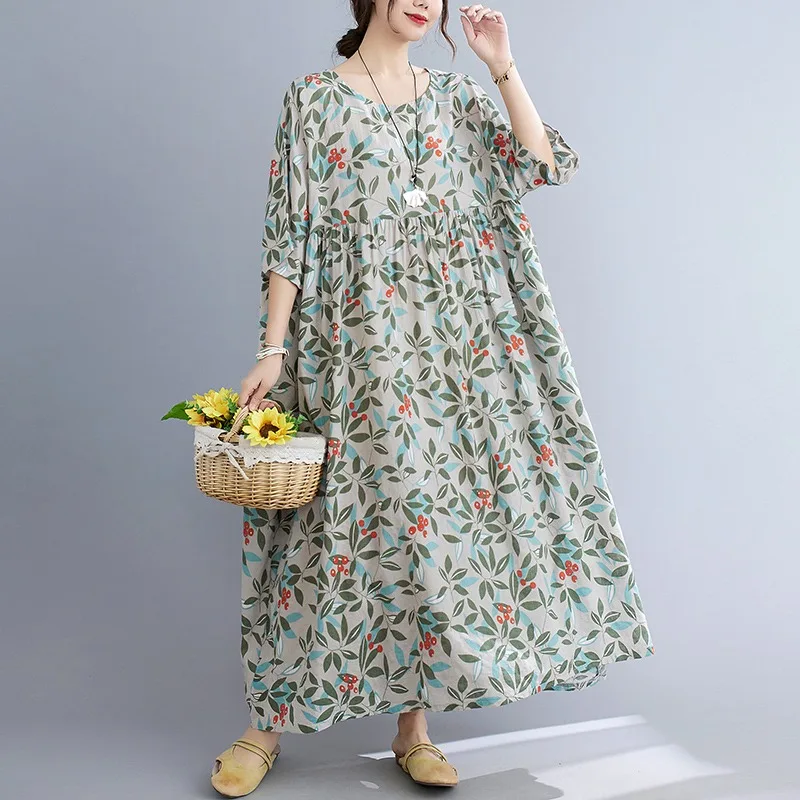 

L-3XL Plus Size Print Flower Soft Beach Dress Summer 2022 for Women Short Sleeve Midi Dress for Woman Casual Women's Dresses