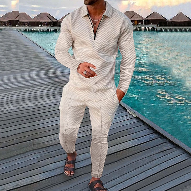 

Autumn Winter Men's Casual Polo Suit 2022 Fashion Solid Color Zipper V-neck Long Sleeve Polo Shirt+Pockets Pants Suit 2-Pieces