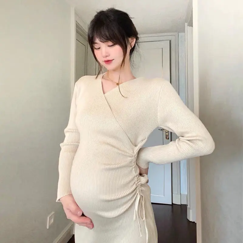 

Knitted Maternity Dress Autumn Winter Stylish Chic Ins Sweaters Clothes for Pregnant Women Korean Fashion Pregnancy