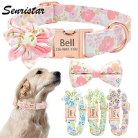 personalized cute flower dog name collar custom engraved bow tie metal buckle name pet dog collar for small medium large dogs