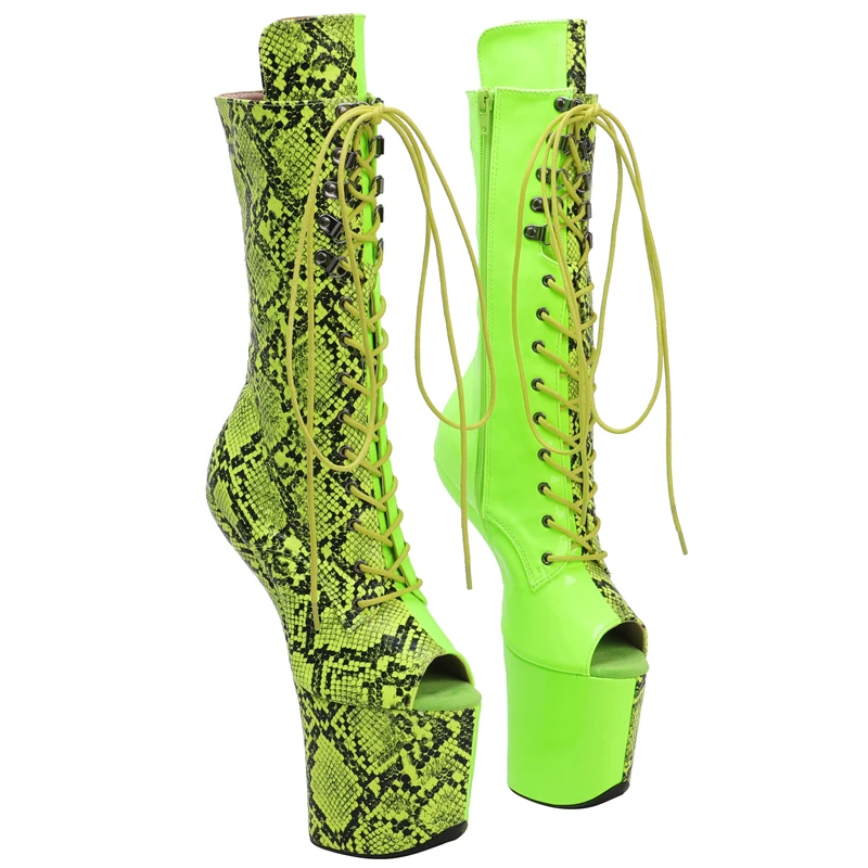 Leecabe Green Snake PU Upper Platform Open Toe  Boots Sexy Exotic heelless pole dance shoes