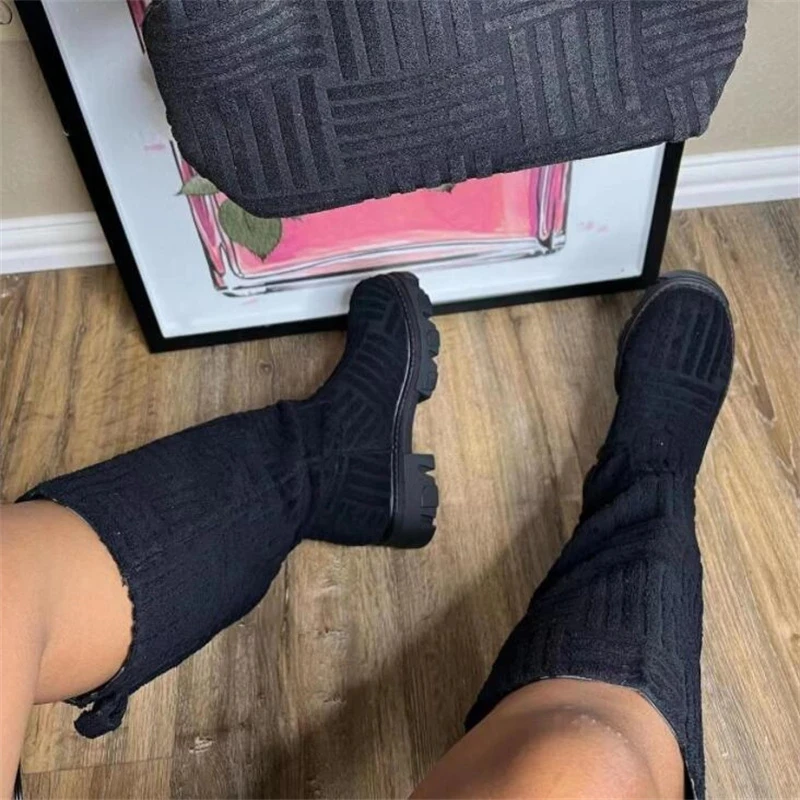 Luxury Brand Women's Towel Cotton Boots Autumn Winter Women Thick-soled Thick-heeled Warm Boots Round Toe Motorcycle Boots 36-43