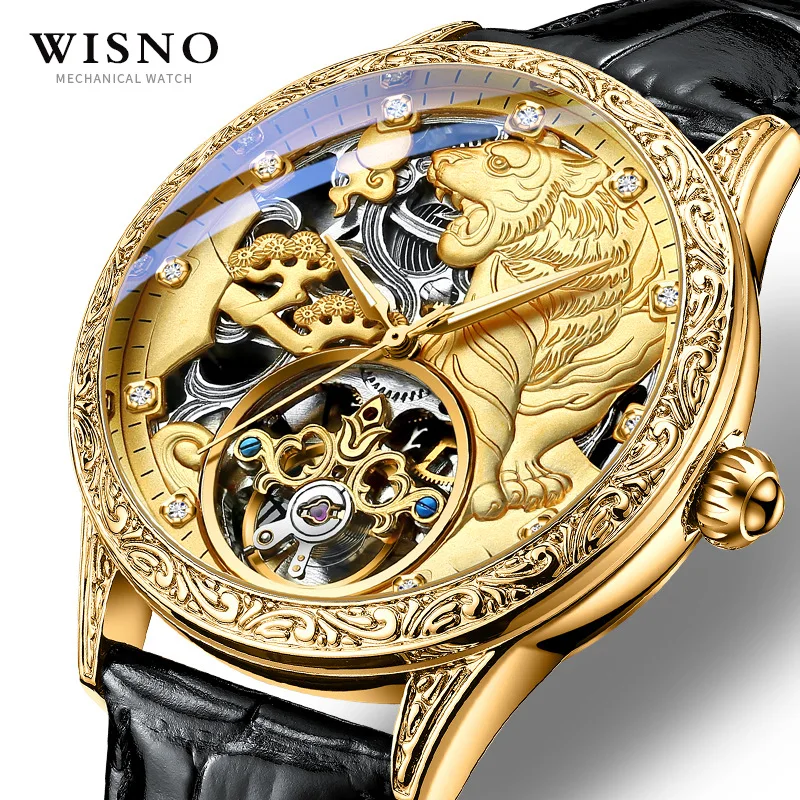 

5pcs Custom Logo Mechanical Men Watch-Bulk Three-dimensional Relief Automatic Waterproof Genuine Leather Strap Glass Wristwatch