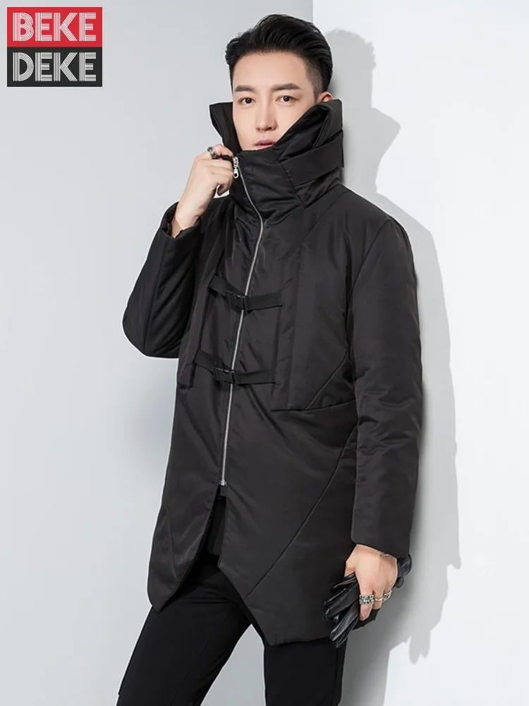 

New Designer Men Winter Pacthwork Mid Long Jacket Gothic Collar Front Buckle Coat Casual Streetwear Slim Fit Thick Warm Parkas