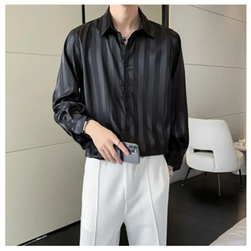 Japan Oversize Shirt Men Striped Designer Blouse for Boy Long Sleeve Loose Shirt Black Blouse Japanese Fashion Man Clothing 2022
