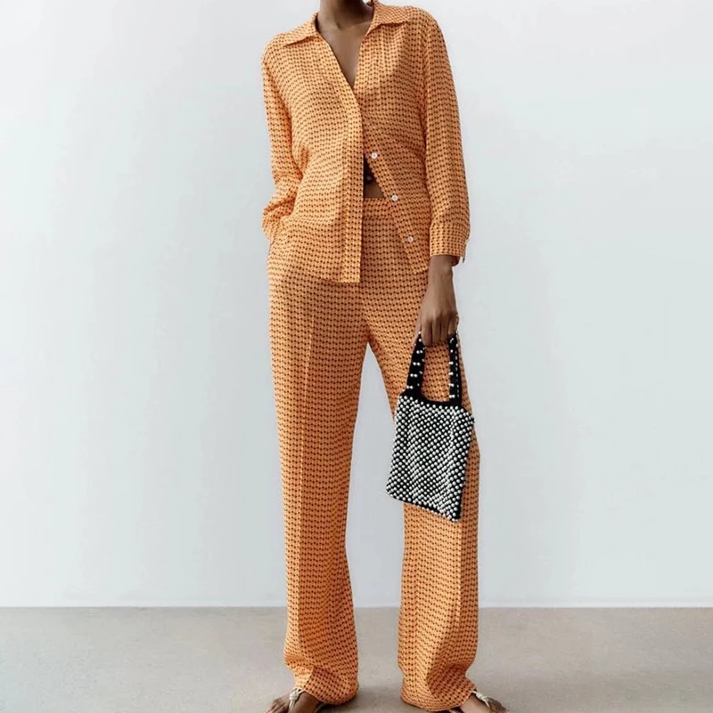 

2022 Spring Women Casual Long Sleeve Single-breasted Lapel Printed Shirt High Waist Straight Pants Two Piece Suit QJ8544