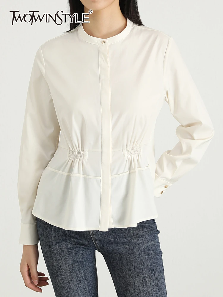 

TWOTWINSTYLE Solid Casual Minimalist Slimming Blouses For Women Round Neck Long Sleeve Spliced Single Breasted Blouse Female New