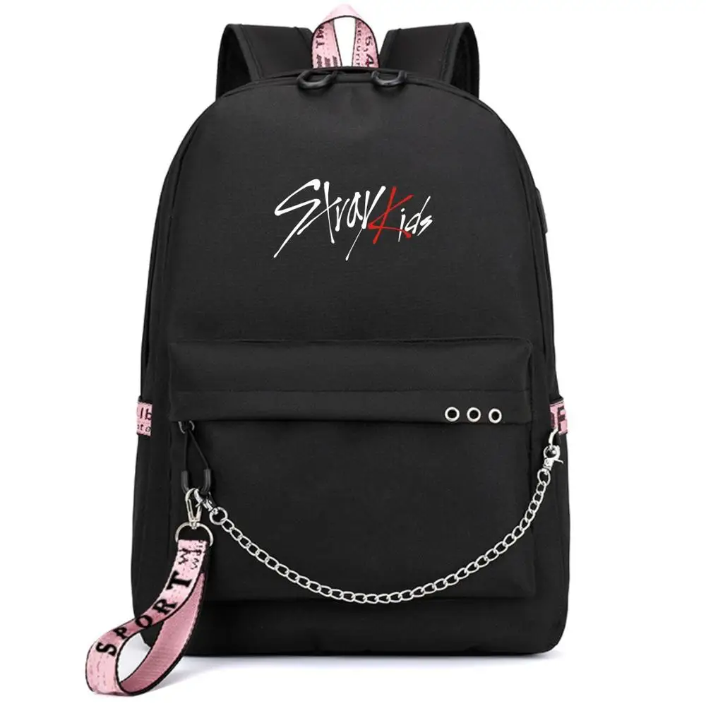 

Kopo Stray Kids Felix USB Backpack Boy girls School Book Bag Mochila Travel Bags Laptop Chain Backpack Headphone USB Port