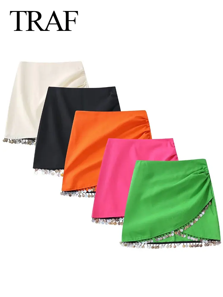 

TRAF Summer Trend High Street Sexy Slim Irregular Hem Women's Short Skirt Five-color Sequin Chic Fashion Ladies Skirt New