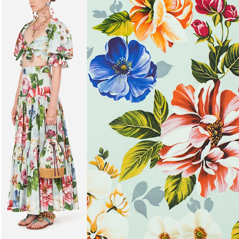 

New 100% Cotton Fashion Blue Pink Peony Pattern Digital Printing Fabric Handmade DIY Sewing Clothing Dress Shirt Fabric