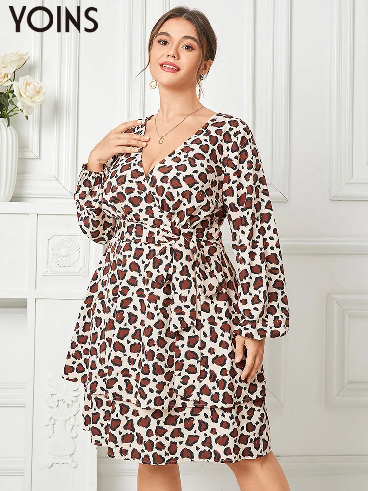 

YOINS Vintage Leopard Printed Party Dress Women Plus Size Sundress 2022 Autumn Long Sleeve V Neck Sexy Belted Holiday Vestidos