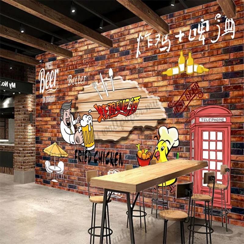 Custom Brick Wall Beer Fried Chicken Wallpaper Industrial Decor Snack Bar KTV Club Background Wall Papel Tapiz Contact Paper images - 6